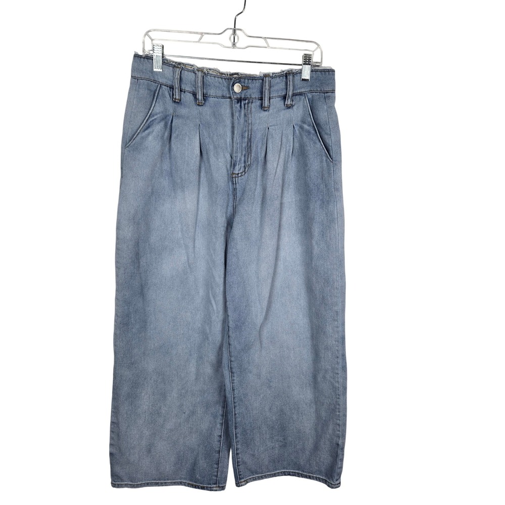 BlankNYC Womens Cropped Wide Leg Jeans Sz 30 Culottes Frayed‎ Hem Blue Pleated
